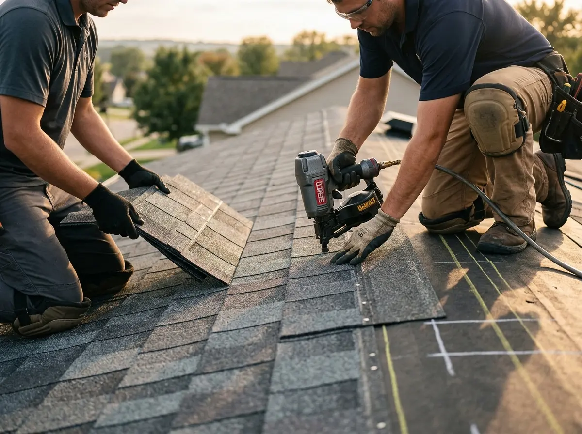 Professional roofer working on a residential roof in Edgewood
